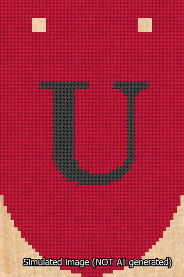 A simulated image of the stitched needlepoint design: Banner 13m Rounded U Black on Red. Not A.I. generated.