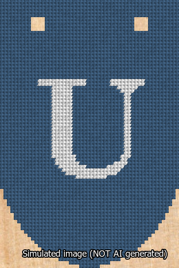 A simulated image of the stitched needlepoint design: Banner 13m Rounded U White on Blue. Not A.I. generated.