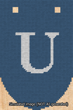 A simulated image of the stitched needlepoint design: Banner 13m Rounded U White on Blue. Not A.I. generated.