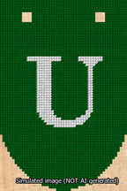 A simulated image of the stitched needlepoint design: Banner 13m Rounded U White on Green. Not A.I. generated.