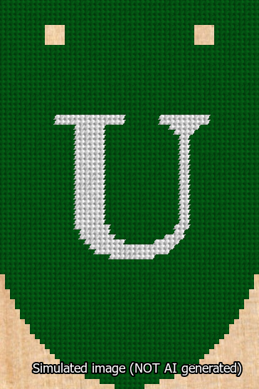 A simulated image of the stitched needlepoint design: Banner 13m Rounded U White on Green. Not A.I. generated.