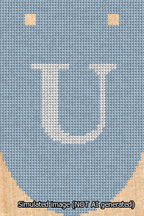 A simulated image of the stitched needlepoint design: Banner 13m Rounded U White on Light Blue. Not A.I. generated.