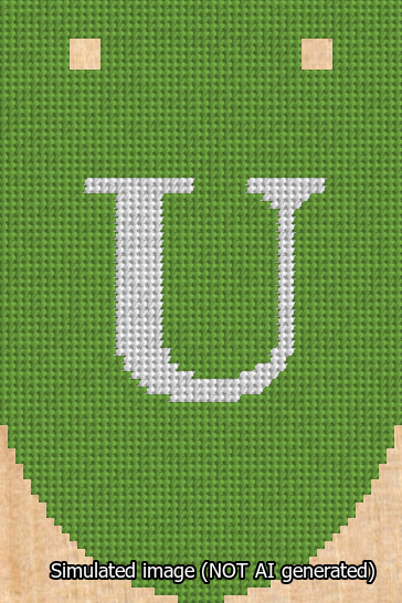 A simulated image of the stitched needlepoint design: Banner 13m Rounded U White on Light Green. Not A.I. generated.