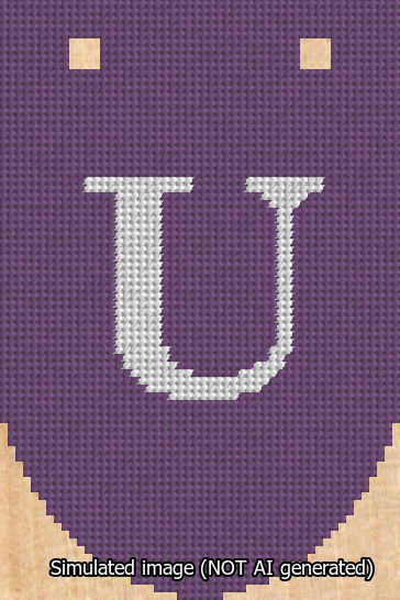 A simulated image of the stitched needlepoint design: Banner 13m Rounded U White on Purple. Not A.I. generated.
