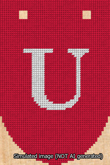 A simulated image of the stitched needlepoint design: Banner 13m Rounded U White on Red. Not A.I. generated.