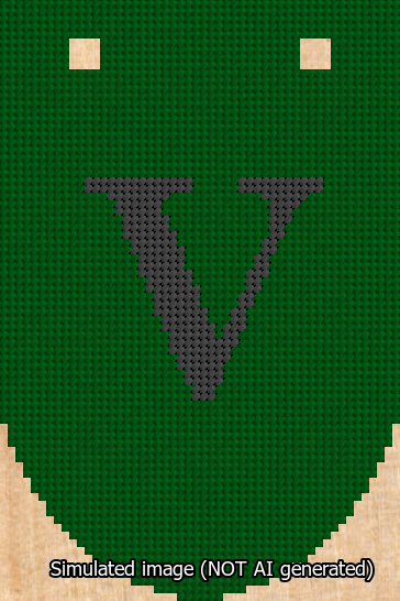 A simulated image of the stitched needlepoint design: Banner 13m Rounded V Black on Green. Not A.I. generated.