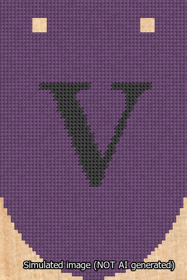 A simulated image of the stitched needlepoint design: Banner 13m Rounded V Black on Purple. Not A.I. generated.