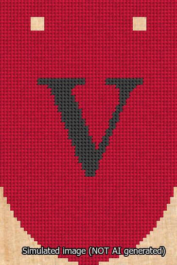 A simulated image of the stitched needlepoint design: Banner 13m Rounded V Black on Red. Not A.I. generated.