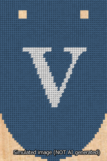 A simulated image of the stitched needlepoint design: Banner 13m Rounded V White on Blue. Not A.I. generated.
