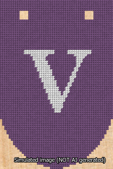 A simulated image of the stitched needlepoint design: Banner 13m Rounded V White on Purple. Not A.I. generated.