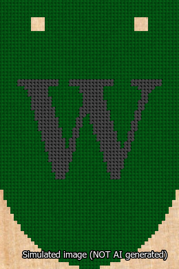 A simulated image of the stitched needlepoint design: Banner 13m Rounded W Black on Green. Not A.I. generated.