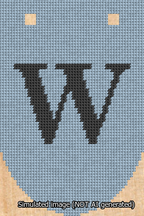 A simulated image of the stitched needlepoint design: Banner 13m Rounded W Black on Light Blue. Not A.I. generated.