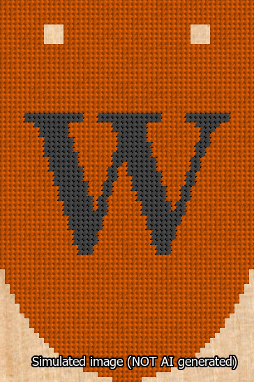 A simulated image of the stitched needlepoint design: Banner 13m Rounded W Black on Orange. Not A.I. generated.