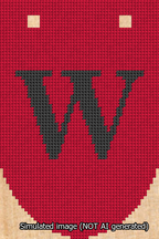 A simulated image of the stitched needlepoint design: Banner 13m Rounded W Black on Red. Not A.I. generated.