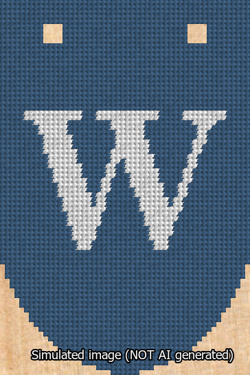 A simulated image of the stitched needlepoint design: Banner 13m Rounded W White on Blue. Not A.I. generated.