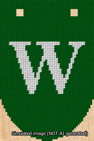 A simulated image of the stitched needlepoint design: Banner 13m Rounded W White on Green. Not A.I. generated.