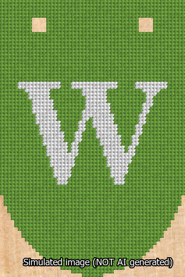 A simulated image of the stitched needlepoint design: Banner 13m Rounded W White on Light Green. Not A.I. generated.