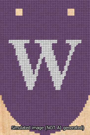 A simulated image of the stitched needlepoint design: Banner 13m Rounded W White on Purple. Not A.I. generated.