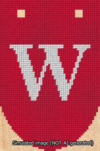 A simulated image of the stitched needlepoint design: Banner 13m Rounded W White on Red. Not A.I. generated.