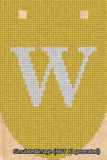 A simulated image of the stitched needlepoint design: Banner 13m Rounded W White on Yellow. Not A.I. generated.