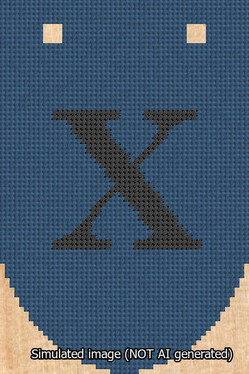 A simulated image of the stitched needlepoint design: Banner 13m Rounded X Black on Blue. Not A.I. generated.