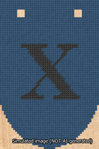 A simulated image of the stitched needlepoint design: Banner 13m Rounded X Black on Blue. Not A.I. generated.
