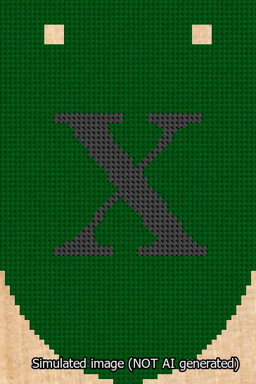 A simulated image of the stitched needlepoint design: Banner 13m Rounded X Black on Green. Not A.I. generated.