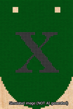 A simulated image of the stitched needlepoint design: Banner 13m Rounded X Black on Green. Not A.I. generated.