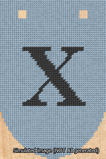 A simulated image of the stitched needlepoint design: Banner 13m Rounded X Black on Light Blue. Not A.I. generated.