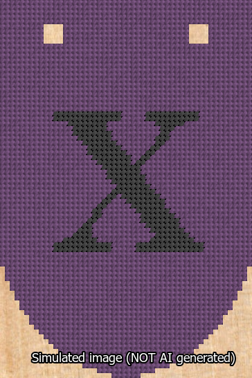 A simulated image of the stitched needlepoint design: Banner 13m Rounded X Black on Purple. Not A.I. generated.