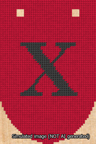 A simulated image of the stitched needlepoint design: Banner 13m Rounded X Black on Red. Not A.I. generated.