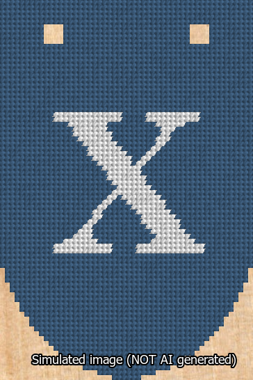 A simulated image of the stitched needlepoint design: Banner 13m Rounded X White on Blue. Not A.I. generated.