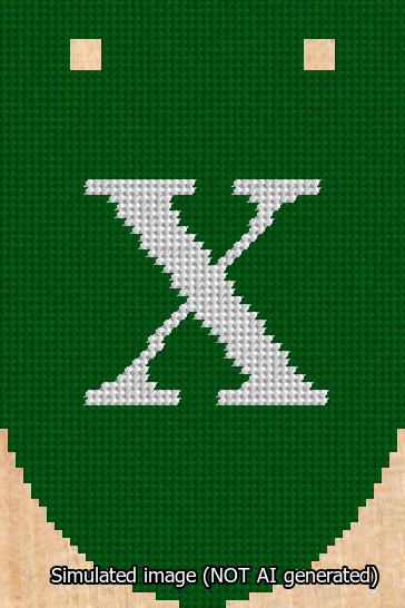 A simulated image of the stitched needlepoint design: Banner 13m Rounded X White on Green. Not A.I. generated.