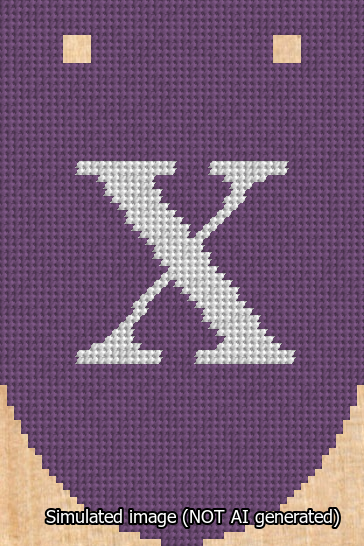 A simulated image of the stitched needlepoint design: Banner 13m Rounded X White on Purple. Not A.I. generated.