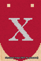 A simulated image of the stitched needlepoint design: Banner 13m Rounded X White on Red. Not A.I. generated.