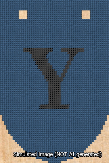 A simulated image of the stitched needlepoint design: Banner 13m Rounded Y Black on Blue. Not A.I. generated.