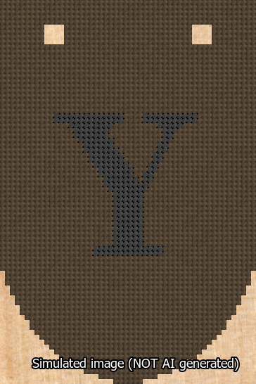 A simulated image of the stitched needlepoint design: Banner 13m Rounded Y Black on Brown. Not A.I. generated.