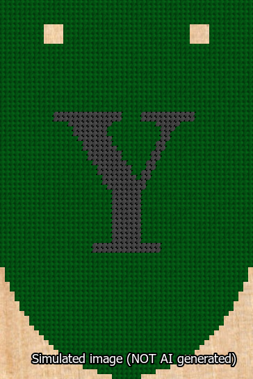 A simulated image of the stitched needlepoint design: Banner 13m Rounded Y Black on Green. Not A.I. generated.