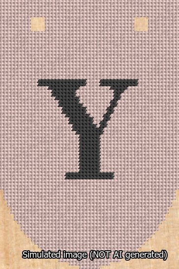 A simulated image of the stitched needlepoint design: Banner 13m Rounded Y Black on Pink. Not A.I. generated.