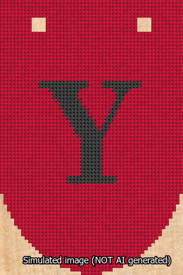 A simulated image of the stitched needlepoint design: Banner 13m Rounded Y Black on Red. Not A.I. generated.