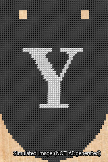 A simulated image of the stitched needlepoint design: Banner 13m Rounded Y White on Black. Not A.I. generated.
