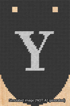 A simulated image of the stitched needlepoint design: Banner 13m Rounded Y White on Black. Not A.I. generated.