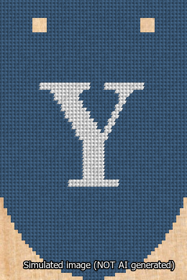 A simulated image of the stitched needlepoint design: Banner 13m Rounded Y White on Blue. Not A.I. generated.
