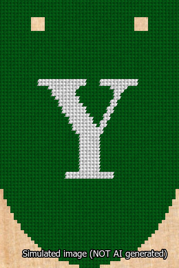 A simulated image of the stitched needlepoint design: Banner 13m Rounded Y White on Green. Not A.I. generated.