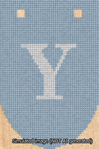 A simulated image of the stitched needlepoint design: Banner 13m Rounded Y White on Light Blue. Not A.I. generated.