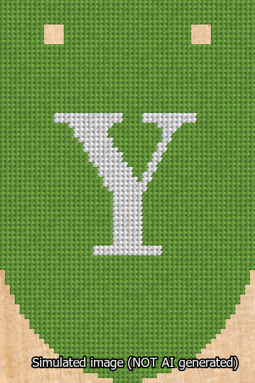 A simulated image of the stitched needlepoint design: Banner 13m Rounded Y White on Light Green. Not A.I. generated.