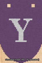 A simulated image of the stitched needlepoint design: Banner 13m Rounded Y White on Purple. Not A.I. generated.