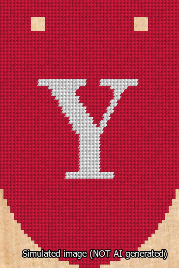A simulated image of the stitched needlepoint design: Banner 13m Rounded Y White on Red. Not A.I. generated.