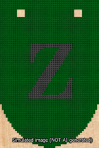 A simulated image of the stitched needlepoint design: Banner 13m Rounded Z Black on Green. Not A.I. generated.