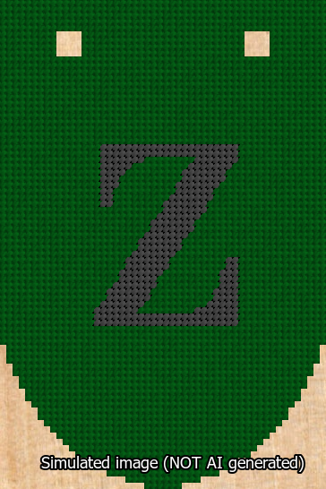 A simulated image of the stitched needlepoint design: Banner 13m Rounded Z Black on Green. Not A.I. generated.